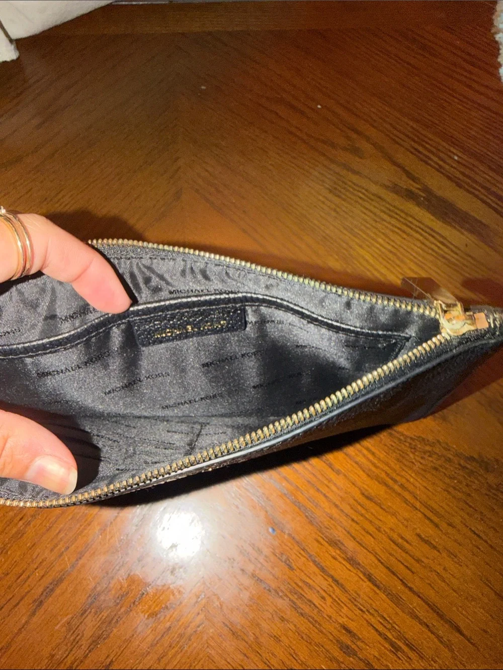 Michael Kors Black Pebbled Leather Wristlet Clutch with Gold Logo